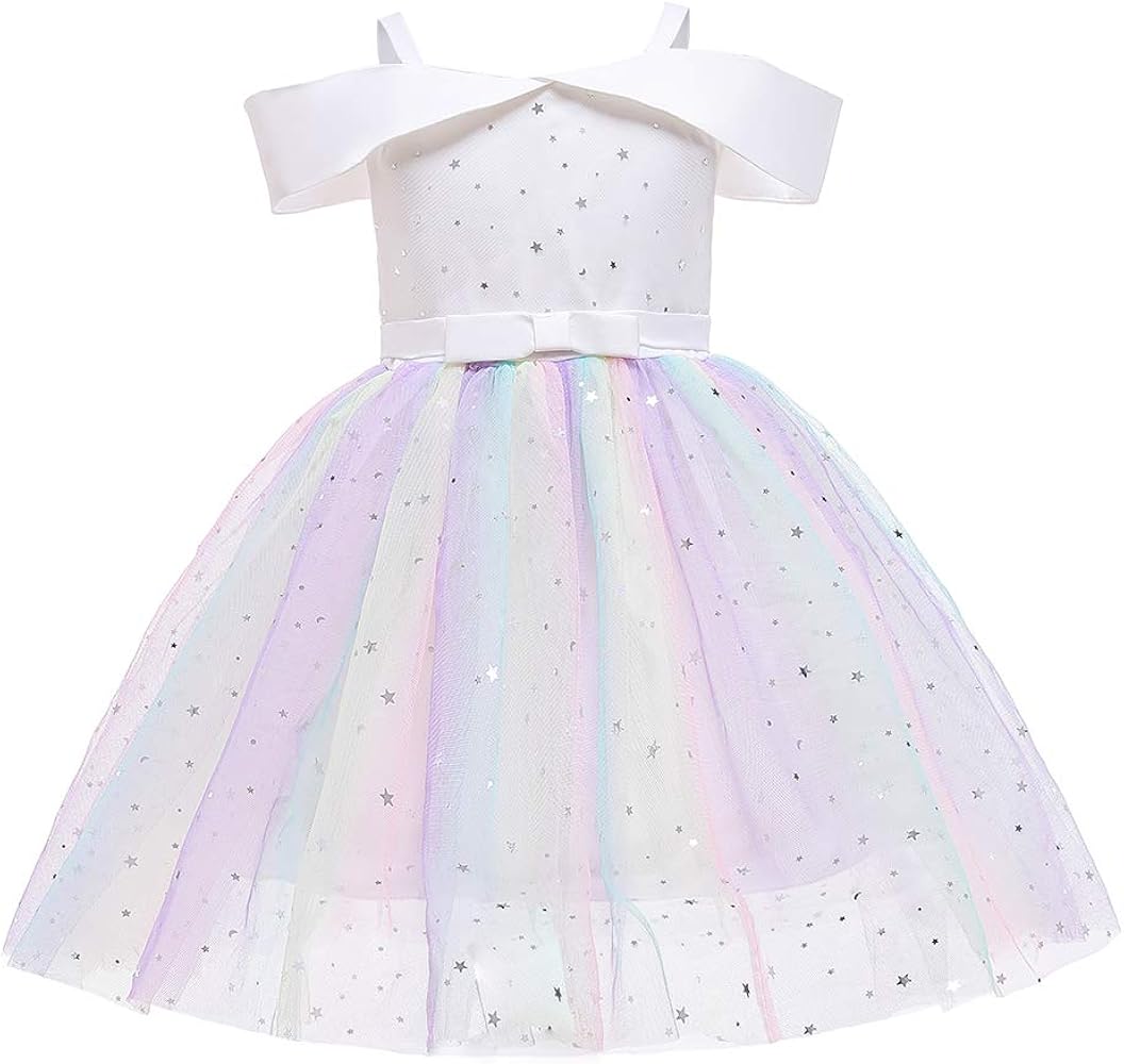 Uhnice Girl's Off Shoulder Tulle Dress Sequin Flower Girl Tutu