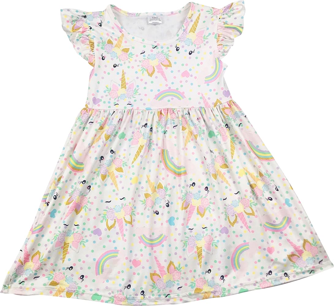 Little Girl Kids Short Sleeve Polka Dot Unicorn Easter Party Flower Girls Dress 2T-8