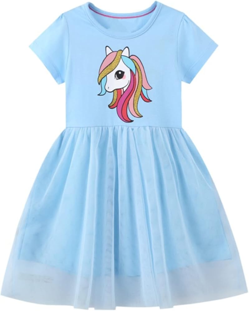 Toddler Girls Easter Cotton Casual Tutu Dress Short Sleeve Blue Unicorn Tulle Skirt Party Summer Spring Outfits Playwear Dresses 2T