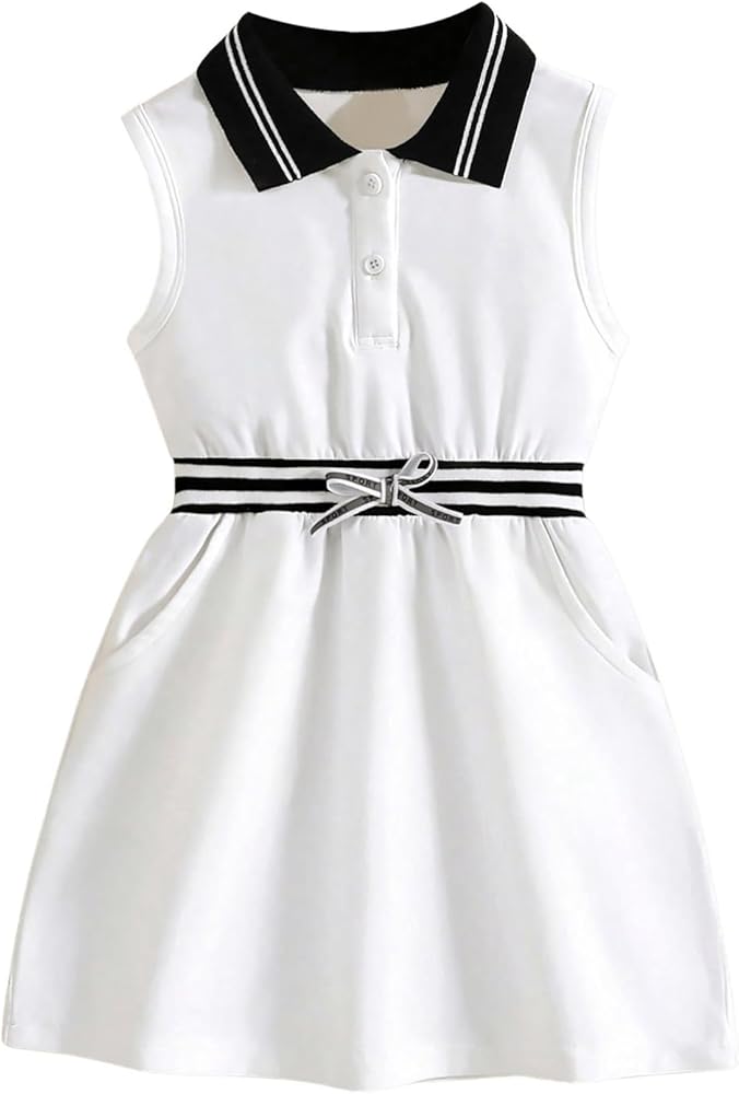 Girl's Bow Front Dress Turn Down Collar Button Front Striped A Line Casual Tank Dresses