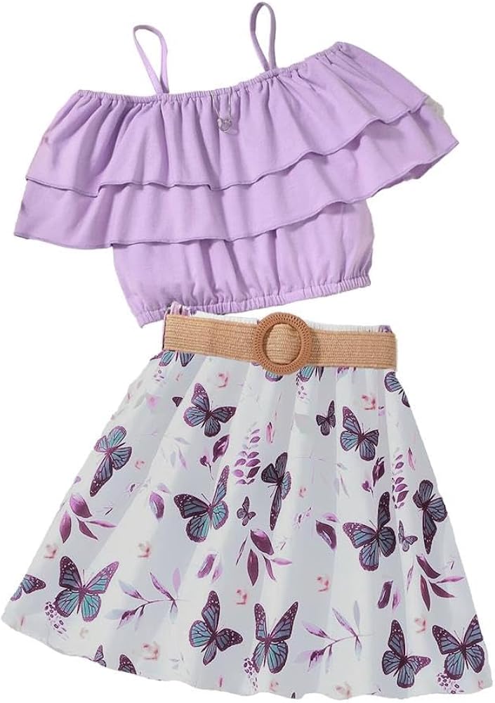 Girl's 2 Pieces Outfits one-shoulder suspender purple Layered Crop Top and butterfly print skirt set 8-12 Years