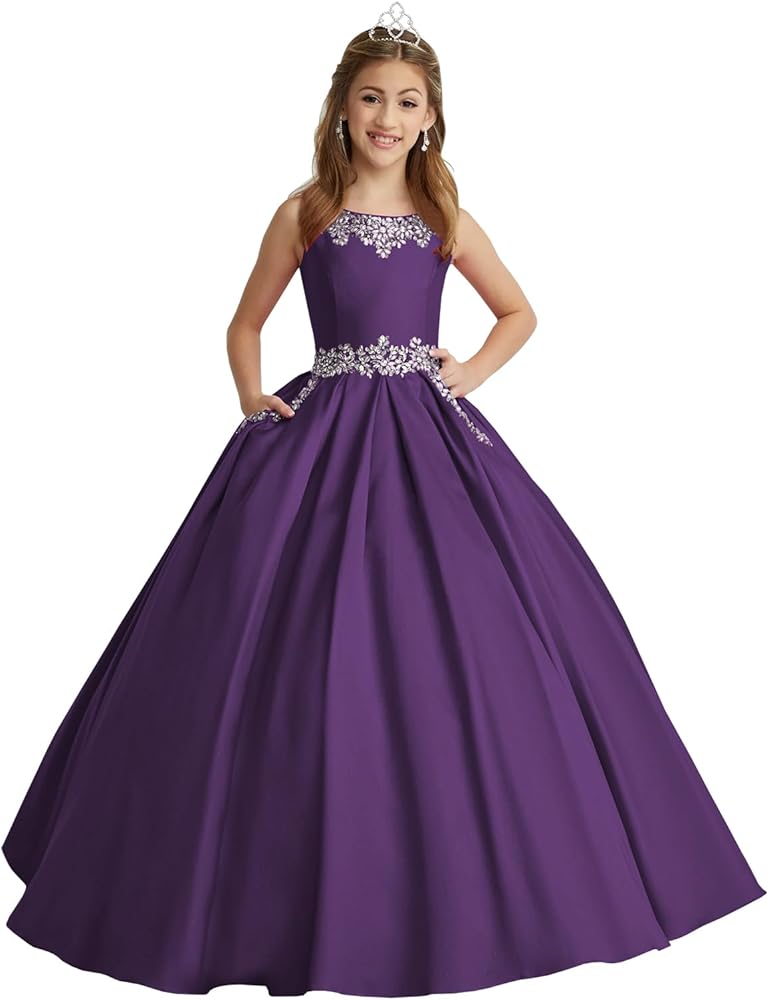 Girls Satin Beaded Pageant Dresses Long Princess Birthday Formal Party Prom Gowns PT033