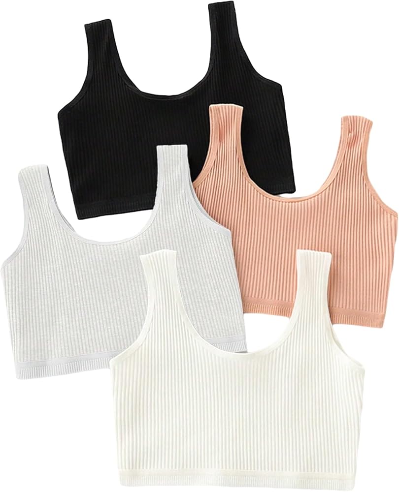 Floerns Girl's 4 Pcs Solid Bralette No Padding Rib Knit Kids Underwear Bra