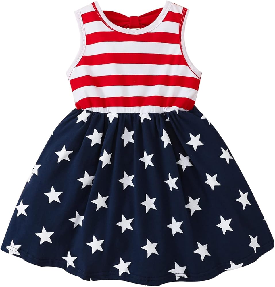 Toddler Baby Girl 4th of July Dresses Independence Day Outfit Kid American Flag Stars Stripes Patriotic Dress Clothes（Stripes,5-6 Years）