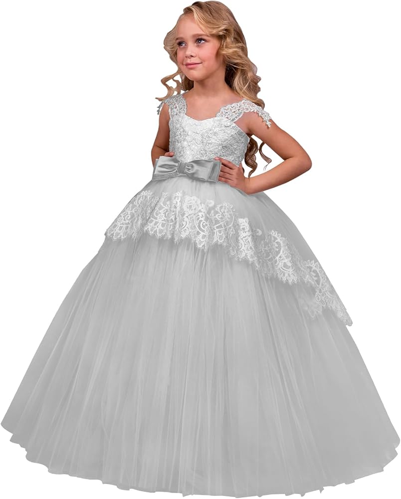 Lace Appliques Flower Girl Dresses for Wedding Tulle Bow-Tie Pageant Prom Ball Gown