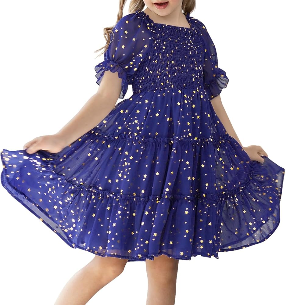 Girls Dresses Kids Stars Midi Dress Mid Night Toddler Short Sleeve Casual Fashion Clothes Flowy Outfits