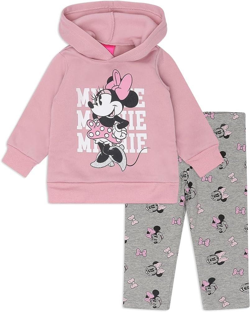 Disney Minnie Mouse Girls’ Hoodie and Legging Set for Infant and Little Kids – Pink/Gray/White