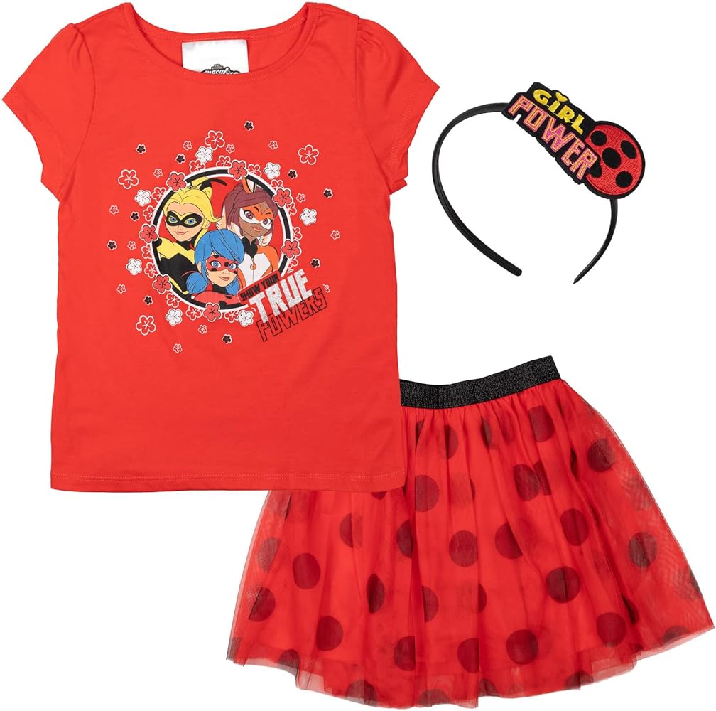 Miraculous Ladybug Rena Rouge 3 Piece Outfit Set: T-Shirt Skirt Headband