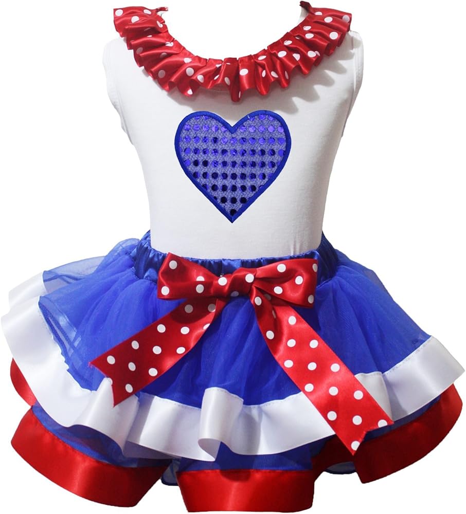 4th July Dress Bling Heart White Shirt Dots Bow Red Blue Petal Skirt Set Nb-8y