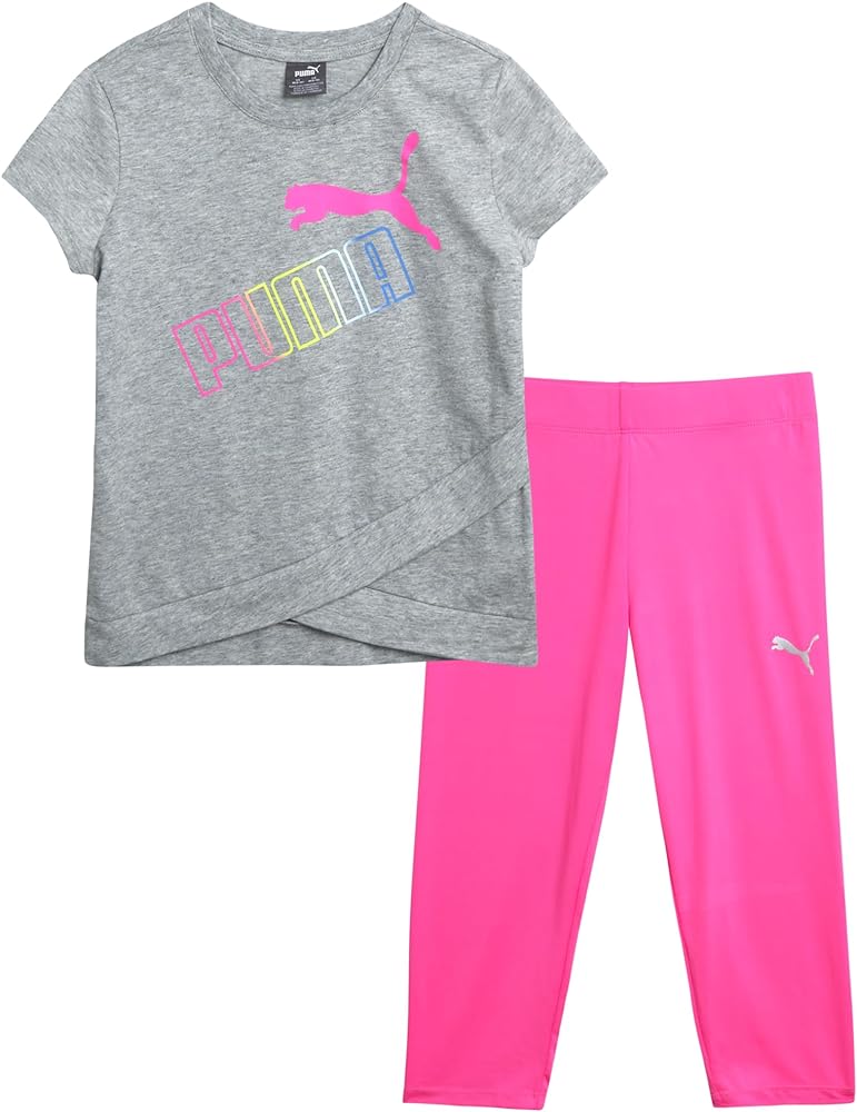 PUMA Girls' Leggings - 2 Piece Short Sleeve Performance T-shirt and Active Leggings - Matching Athletic Sets for Girls (S-L)