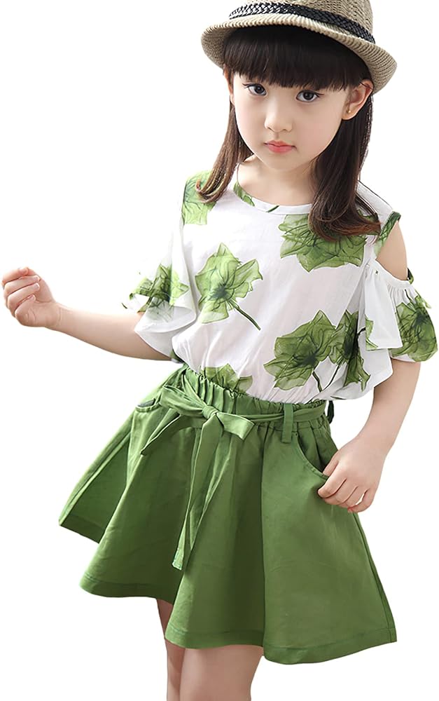 Girls Summer Flower Clothing Sets Ruffle Short Sleeve T-Shirts and Skirt Set for Age 3-12 Years