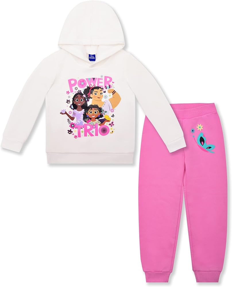 Disney Encanto Girls 2 Piece Hooded Sweatshirt and Pants Set for Toddler and Little Kids – Pink/White