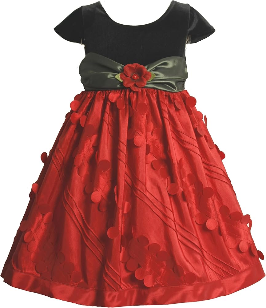 Bonnie Jean Little Girls' Dress Short Sleeve Stretch Velvet Empire Waist Bodice To Novelty Taffeta Skirt