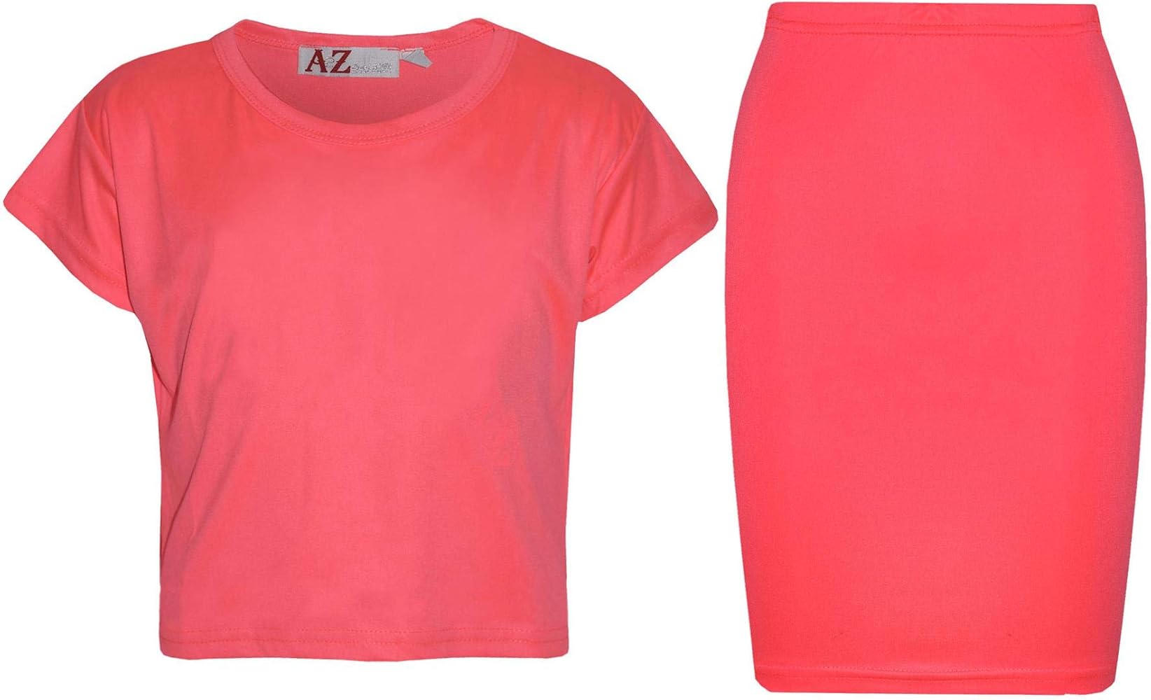 Kids Girls Plain Crop Top & Pencil Skirt Neon Pink Outfit Set School Party Dress