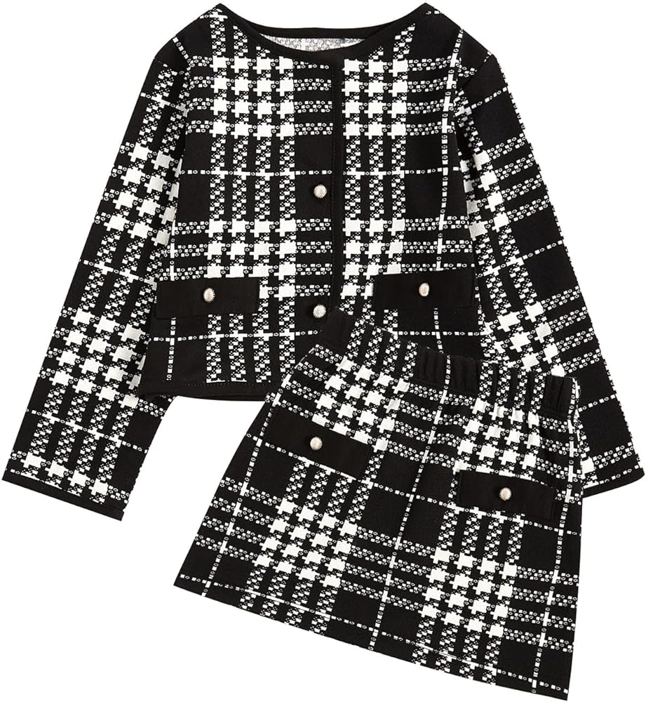 WDIRARA Toddler Girl's 2 Piece Houndstooth Button Down Jacket Top and Mini Skirt Cute Set