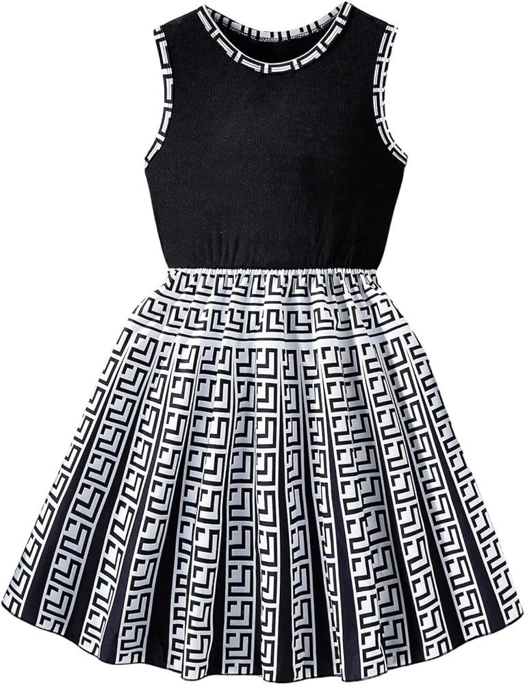 SOLY HUX Girl's Summer Geo Print Tank Dress Sleeveless Casual Pleated A Line Swing Midi Dresses