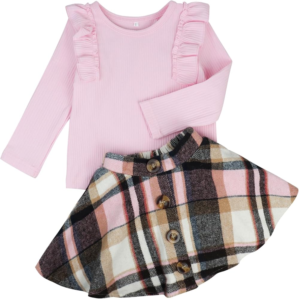 AGQT Toddler Girls Long Sleeve Knitted Shirt Sweater Tops & Plaid Pleated Mini Skirt Set Outfits 2 Piece Set