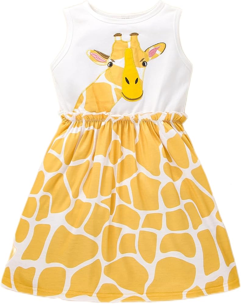 SOLY HUX Girl's Cartoon Giraffe Print Frill Sleeveless Round Neck A-line Dress