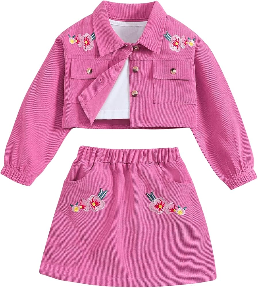 WDIRARA Girl's 3 Piece Outfit Floral Embroidered Collared Button Front Long Sleeve Jackets with Tank Top and Short Skirts Set