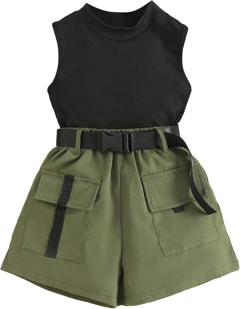 OYOANGLE Girl's 2 Piece Outfits Sleeveless Round Neck Tank Top and Pocket Shorts Set with Belt