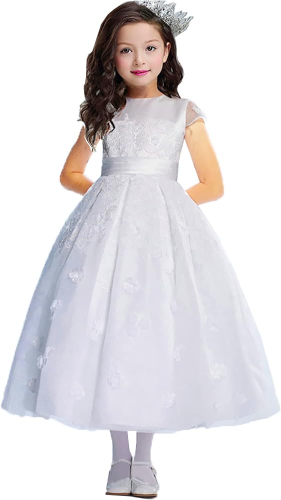 Kids Appliques Pageant Wedding Flower Girl Dresses Tulle with Bow