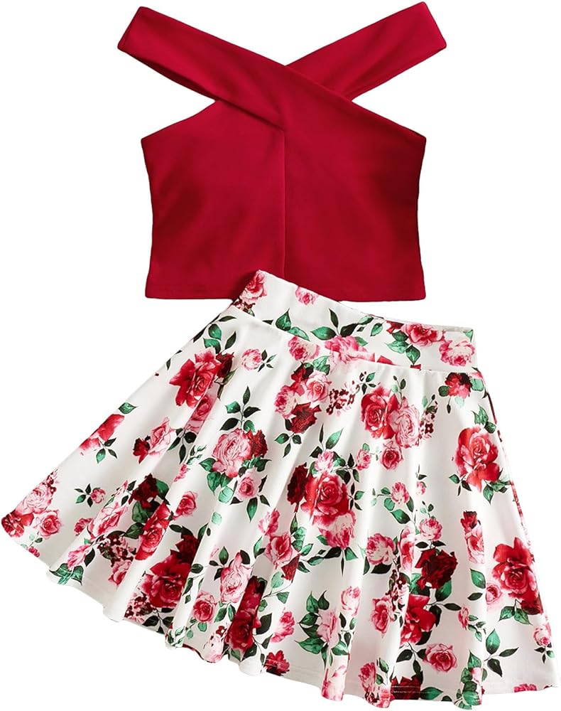 OYOANGLE Girl's 2 Piece Outfits Criss Cross Sleeveless Off Shoulder Crop Top and Floral Print Midi Skirt Sets