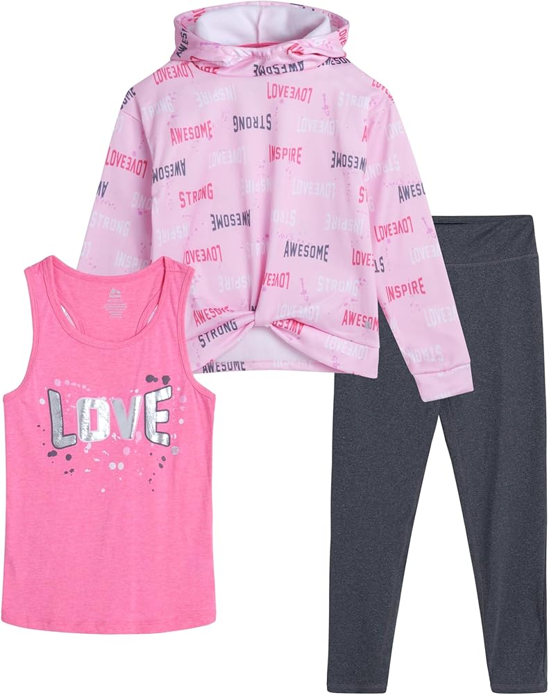 RBX Girls' Active Pants Set - 3 Piece Fleece Hoodie, Tank Top, and Leggings (Size: 7-16)