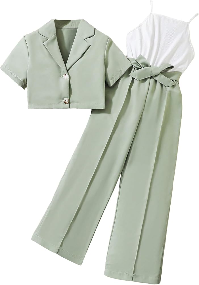 Floerns Girl's 2 Piece Outfits Short Sleeve Button Front Blazer Jacket & Belted Cami Jumpsuit Sets