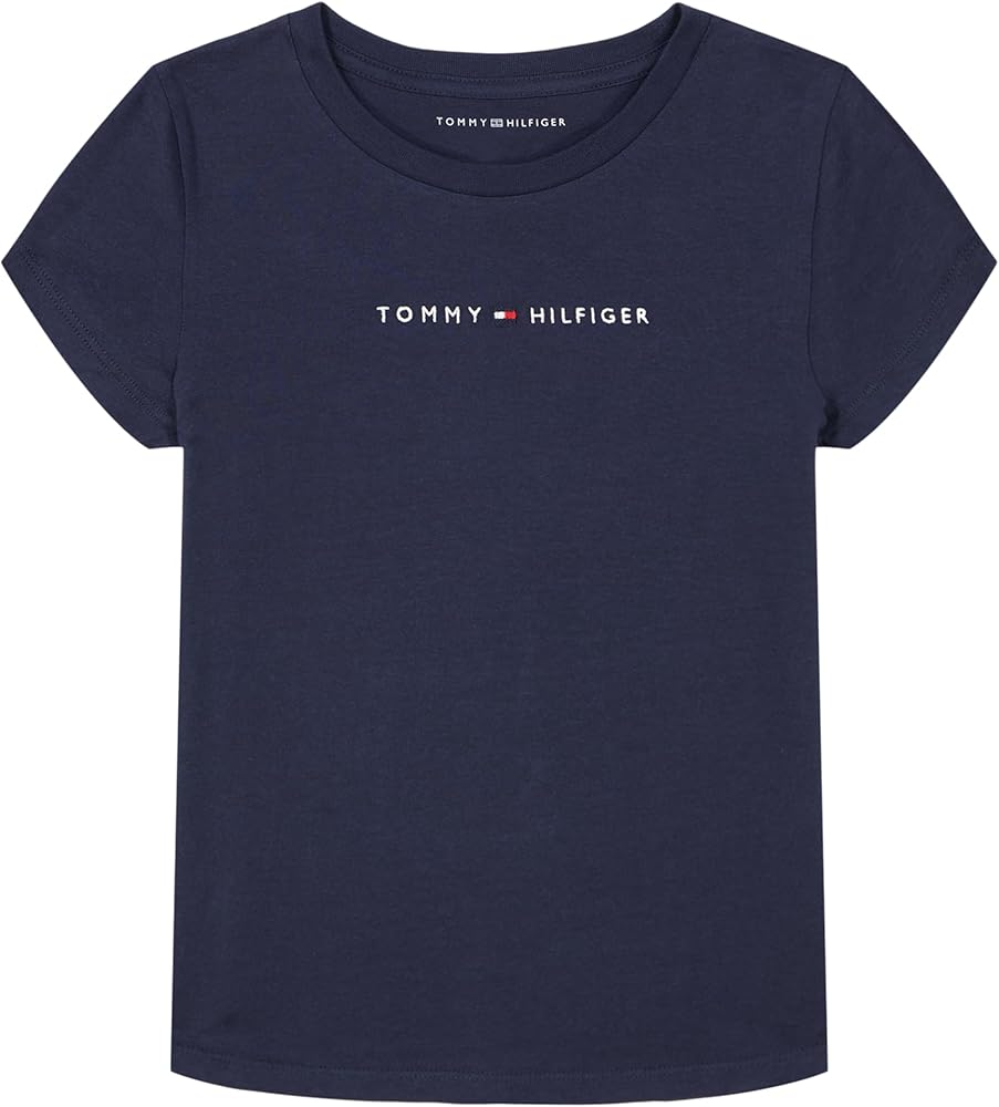 Tommy Hilfiger Girl's Short Sleeve T-shirt With Flag Logo, Cotton Blend Tee With Tagless Interior