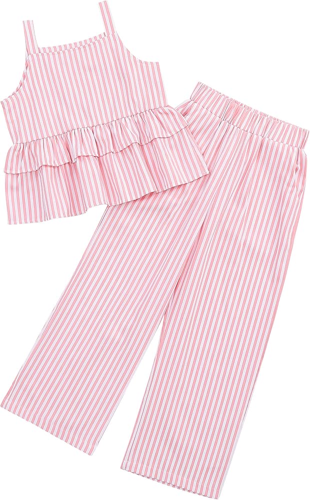 Girl's 2 Piece Outfits Cami Top Wide Leg Pants Ruffle Hem Summer Clothes with 2 Pockets 3-12Y