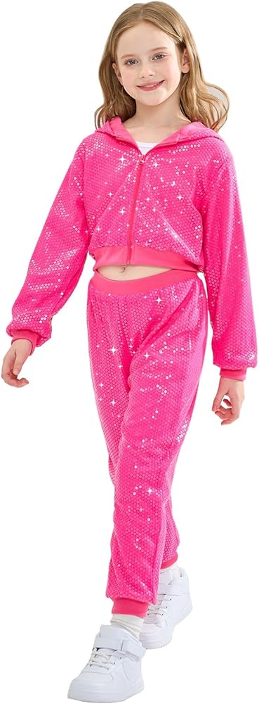 LOLANTA 2Pcs Girls Dance Outfits Cropped Sequin Jacket Pants Set, Kids Hip Hop Dance Costumes for 80s 90s Party 4-13 Years