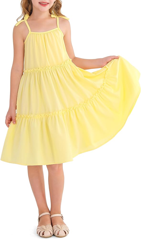 Girl's Summer Cute Tiered Swing Dress Midi Casual Smocked Sundresses 6-14 Years