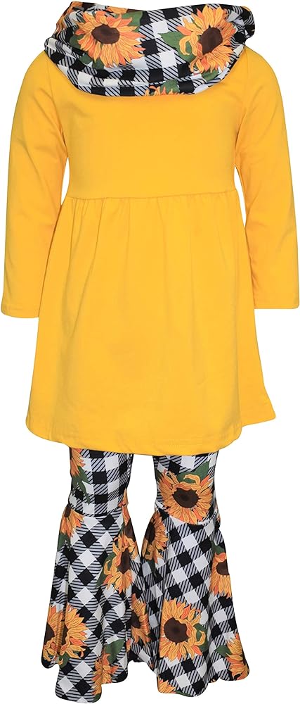 Unique Baby Girls Fall Checkered Sunflower 3pc Bell Bottom Leggings Outfit