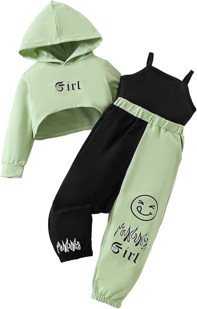 Kid Toddler Girl Clothes Letter Graphic High Low Hoodie Sweatpants Cami Top 3PC Fall Winter Pants Set