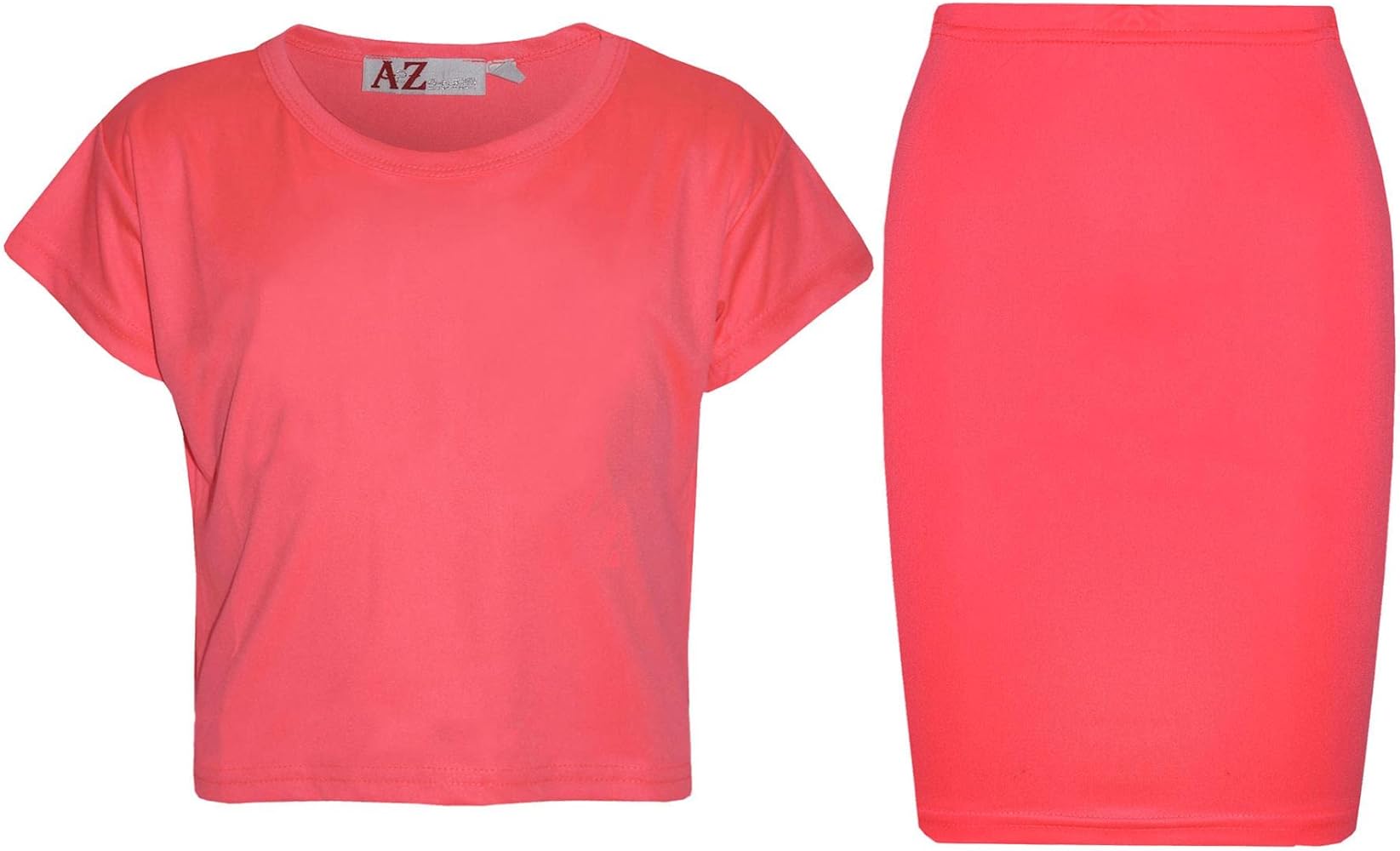 Kids Girls Plain Crop Top & Pencil Skirt Neon Pink Outfit Set School Party Dress