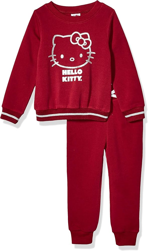 Hello Kitty Little Girls 2 Piece Sweatshirt and Pant Active Set, Burgundy, 5