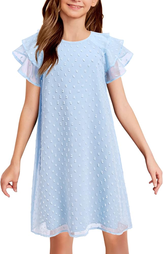 Girls Summer Dresses Cute Swiss Dots Ruffle Flutter Sleeve Flowy Dress