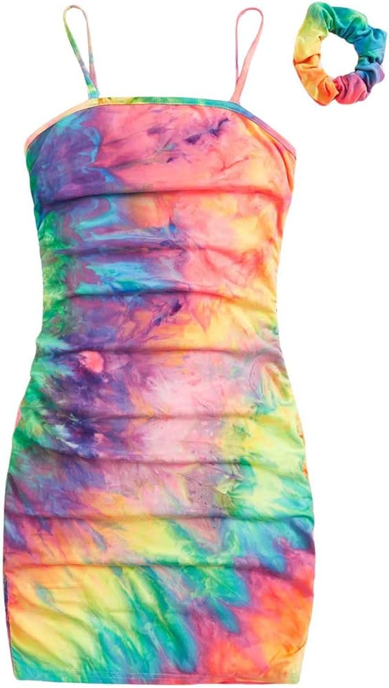 Girl's Summer Dress Tie Dye Sleeveless Spaghetti Strap Ruched Cami Pencil Dress Cute Sundress