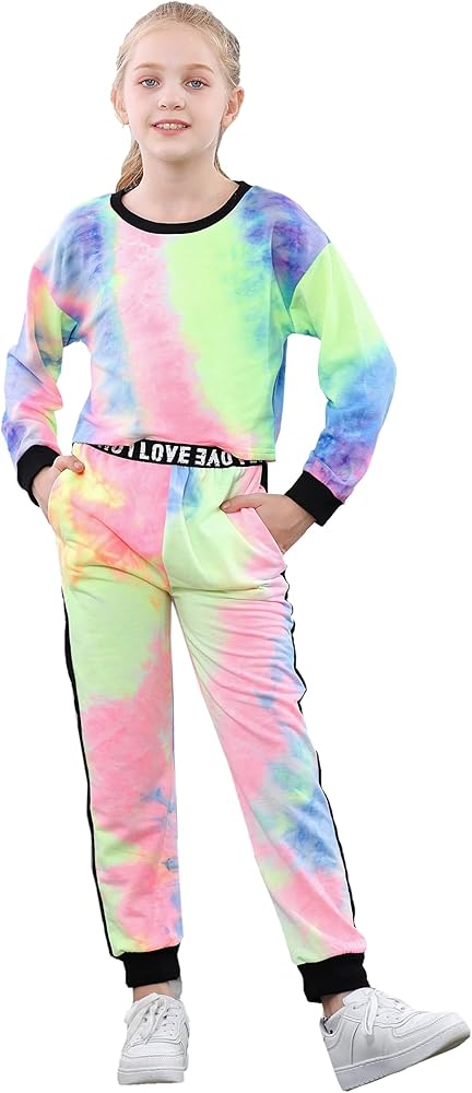 Betusline Girls Womens Tie Dye Clothes Outfits, Sweatshirt + Pants 2 Pieces Set