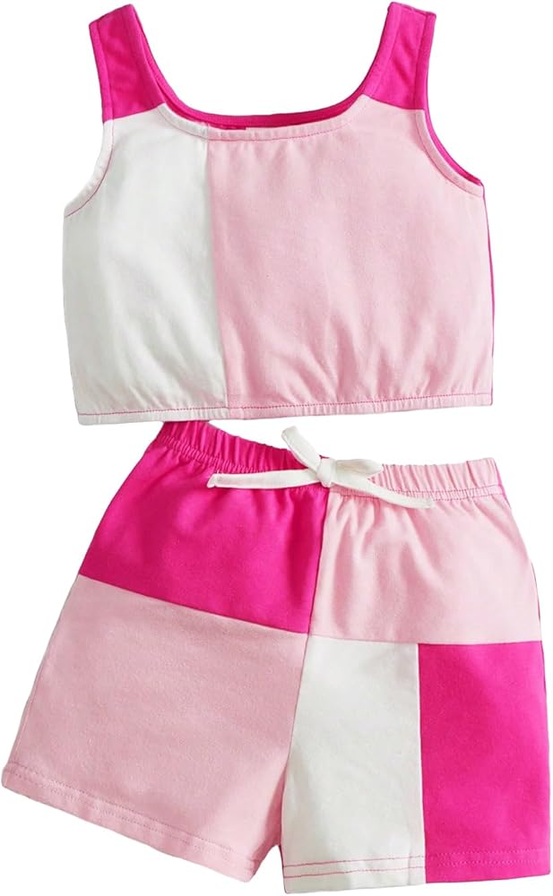 Verdusa Toddler Girls Color Block Short Sets with Scoop Neck Crop Tank Top 2 Piece Outfits