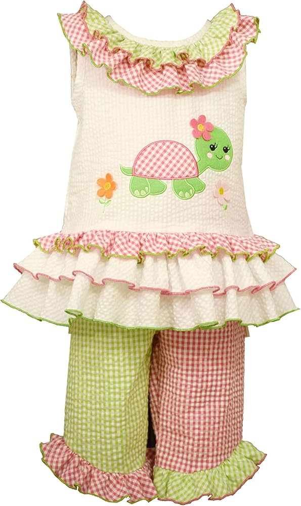 Little Girls 2T-6X White/Pink Ruffly Turtle Applique Seersucker Dress/Capri Set