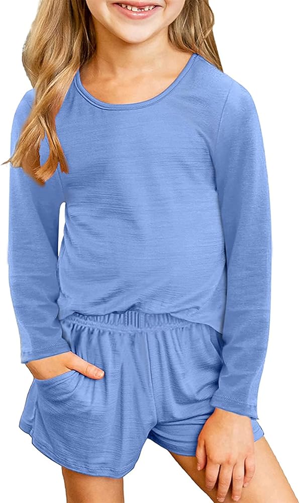 Ecokauer Girls Long Sleeve T-Shirt and Shorts Drawstring Shorts Set with Pockets Beach Children Clothing Sets 2 Piece Outfits Size 8-9 Blue