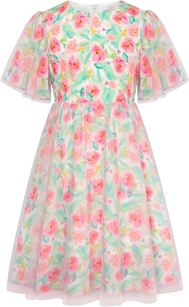 GRACE KARIN Girls Floral Spring Summer Dress Ruffled Short Sleeve Mesh A-line Casual Dress 5-12Y