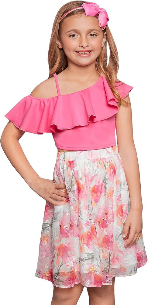 WDIRARA Girl's 2 Piece Outfits Ruffle Asymmetrical Top and Flowy Floral Skirt Set