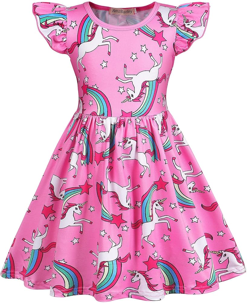 COTRIO Girls Dresses Toddler Kids Cartoon Print Casual Dress Unicorn Birthday Party Playwear Skater Swing Twirly Sundress