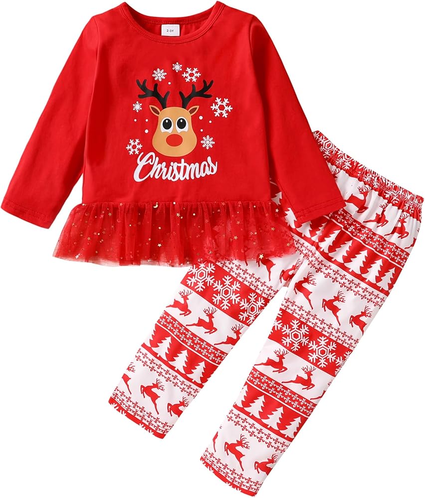 YOUNGER TREE Christmas Little Girls Outfits Long Sleeve Fawn Tops + Red Plaid Pants Reindeer Clothes Sets 2Pcs