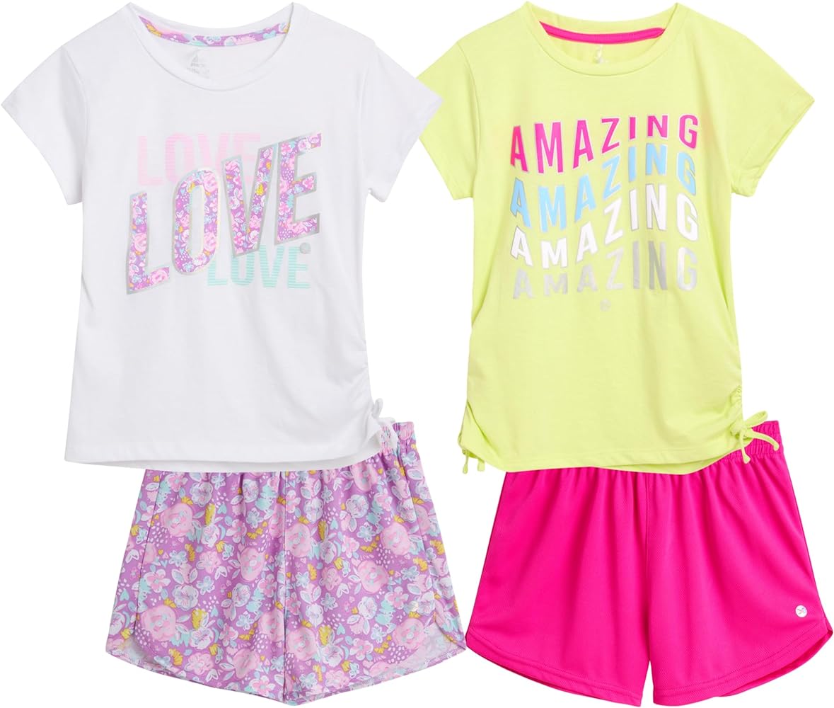 RBX Girls' Active Shorts Set - 4 Piece Short Sleeve Performance T-Shirt and Shorts (Size: 7-12)