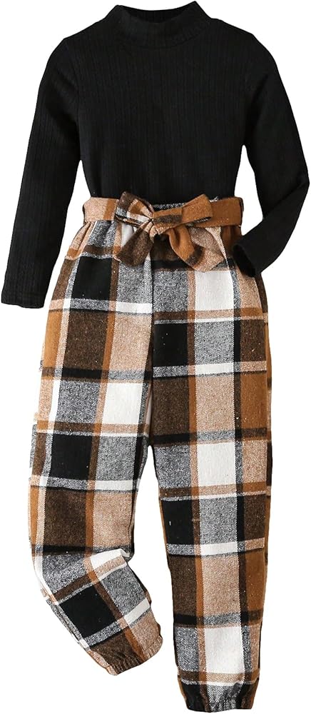 Floerns Girl's 3 Piece Outfit Mock Neck Tee Plaid Print Belted Pants with Hat