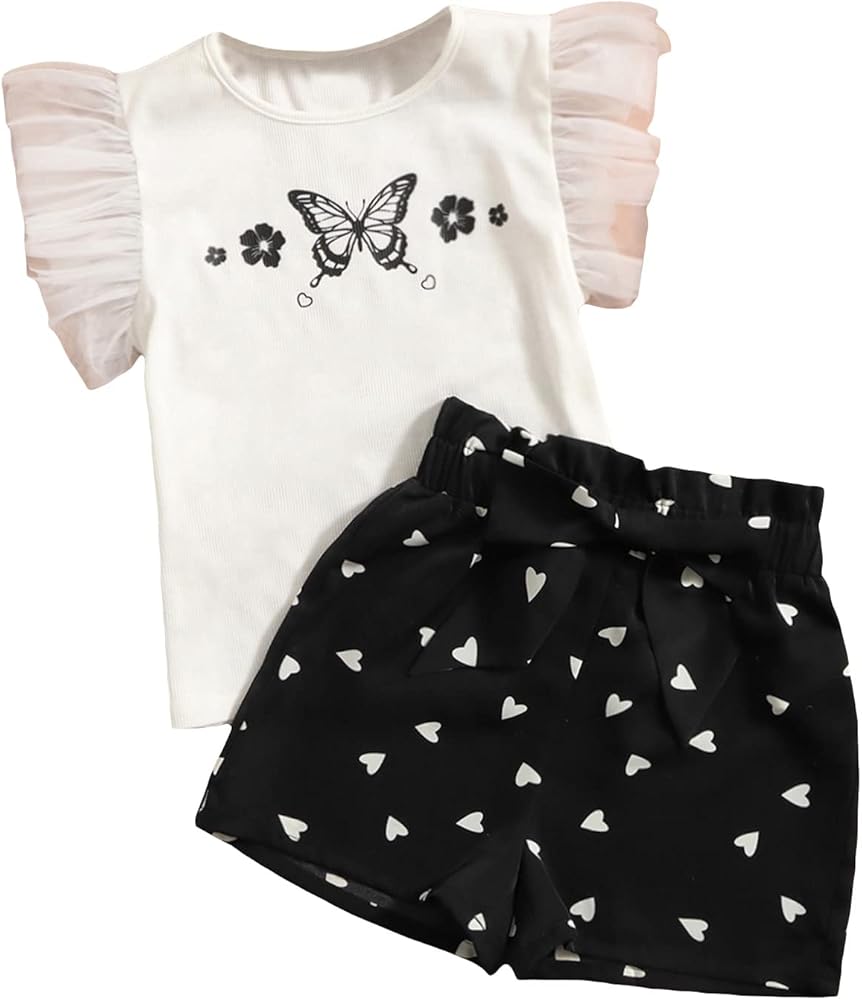 OYOANGLE Girl's 2 Piece Outfits Graphic Mesh Cap Butterfly Sleeve Ruffle Trim Tee Shirt and Bow Paperbag Shorts Set