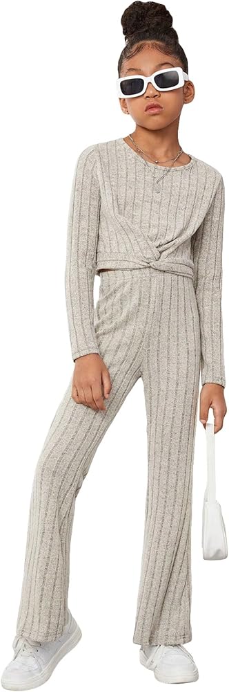 WDIRARA Girl's 2 Piece Ribbed Knit Outfits Twist Front Crewneck Tee and Flare Leg Pants Set